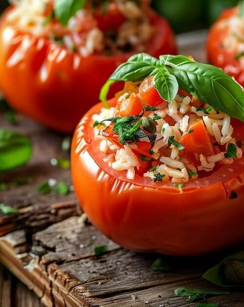 Pomodori ripieni di riso freddi con basilico su piatto