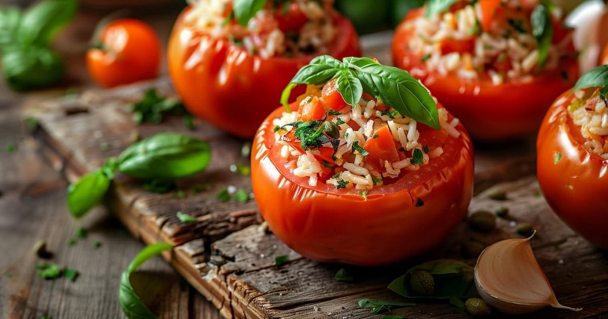 Pomodori ripieni di riso freddi con basilico su piatto
