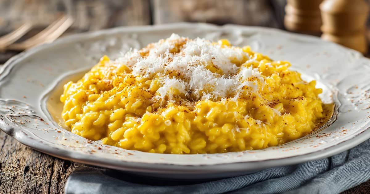 Risotto alla Milanese allo zafferano servito in un piatto, ricetta tradizionale italiana cremosa e profumata