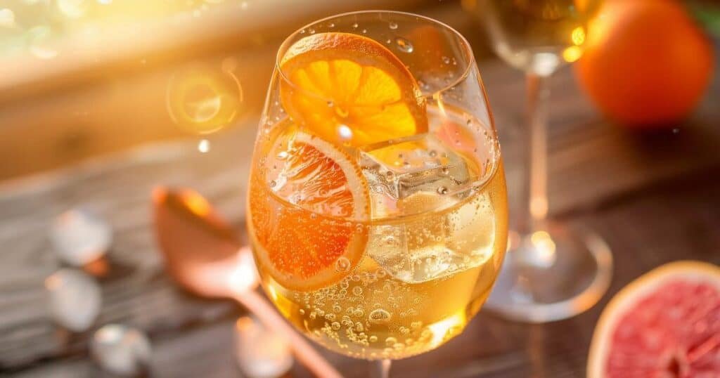 Spritz analcolico agli agrumi in calice con ghiaccio, bollicine e fetta d’arancia