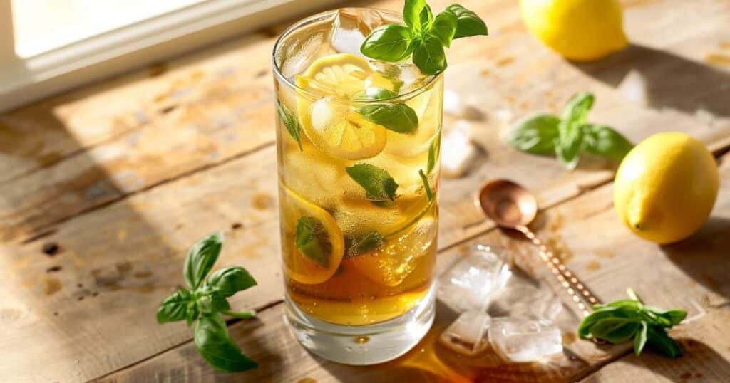 Tè verde freddo al basilico e limone in highball con ghiaccio, fette di limone e foglie di basilico