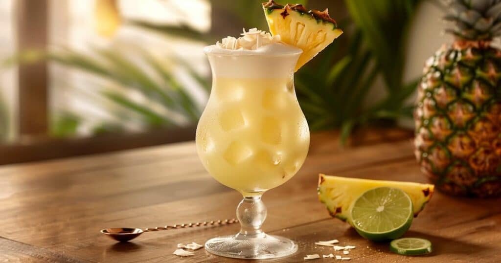 Virgin piña cocco e lime in bicchiere hurricane con ghiaccio, schiuma leggera e fetta di ananas