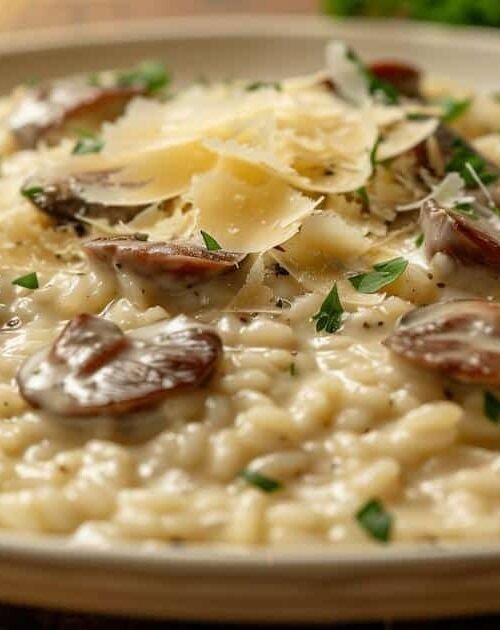 Risotto ai funghi porcini cremoso in un piatto bianco, guarnito con scaglie di Parmigiano e prezzemolo fresco.
