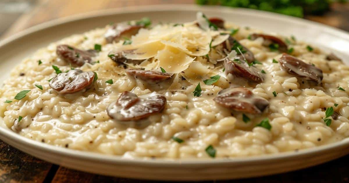 Risotto ai funghi porcini cremoso in un piatto bianco, guarnito con scaglie di Parmigiano e prezzemolo fresco.